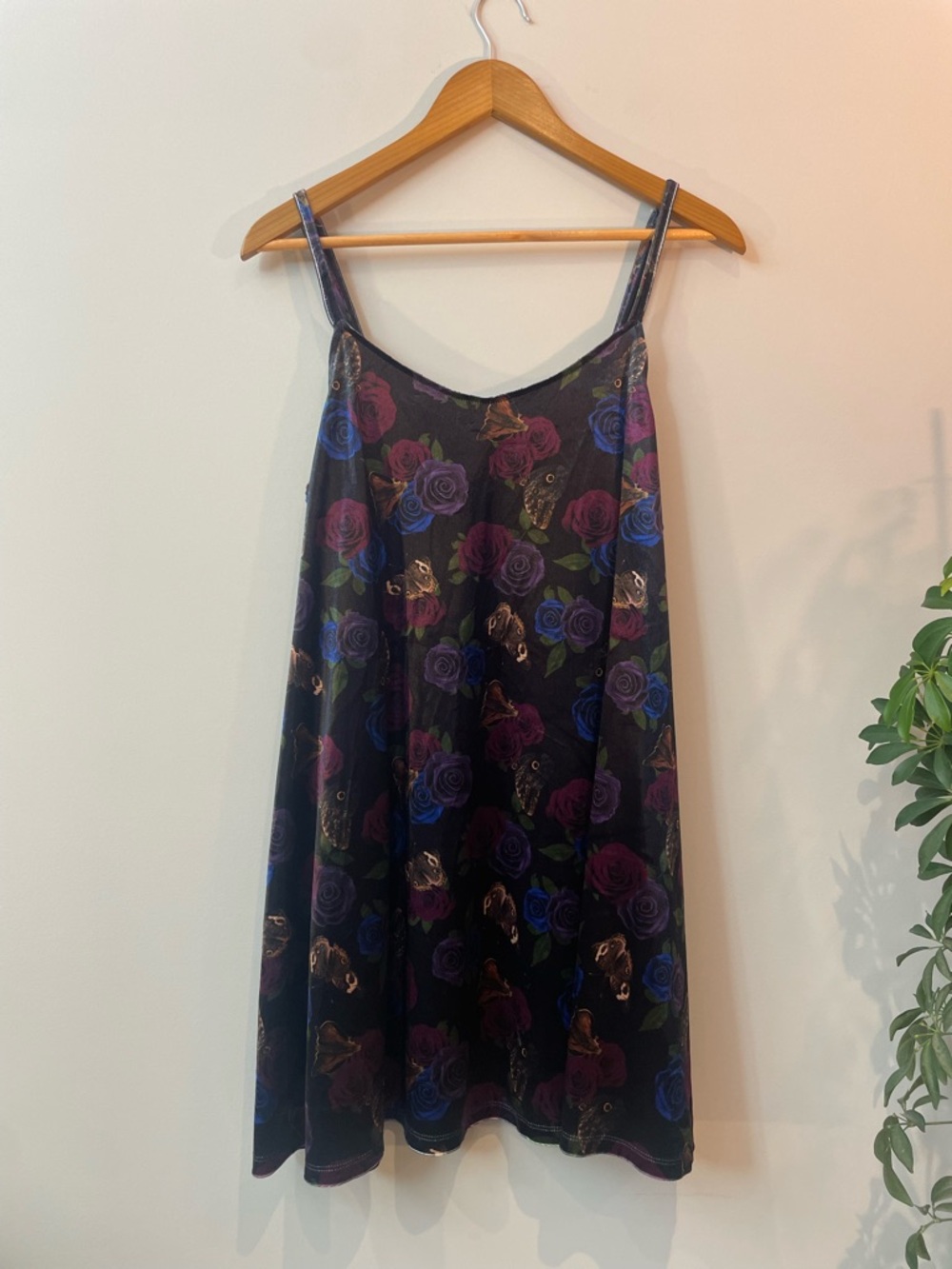 Floral Slip Mini Dress in Black with Purple & Blue Roses